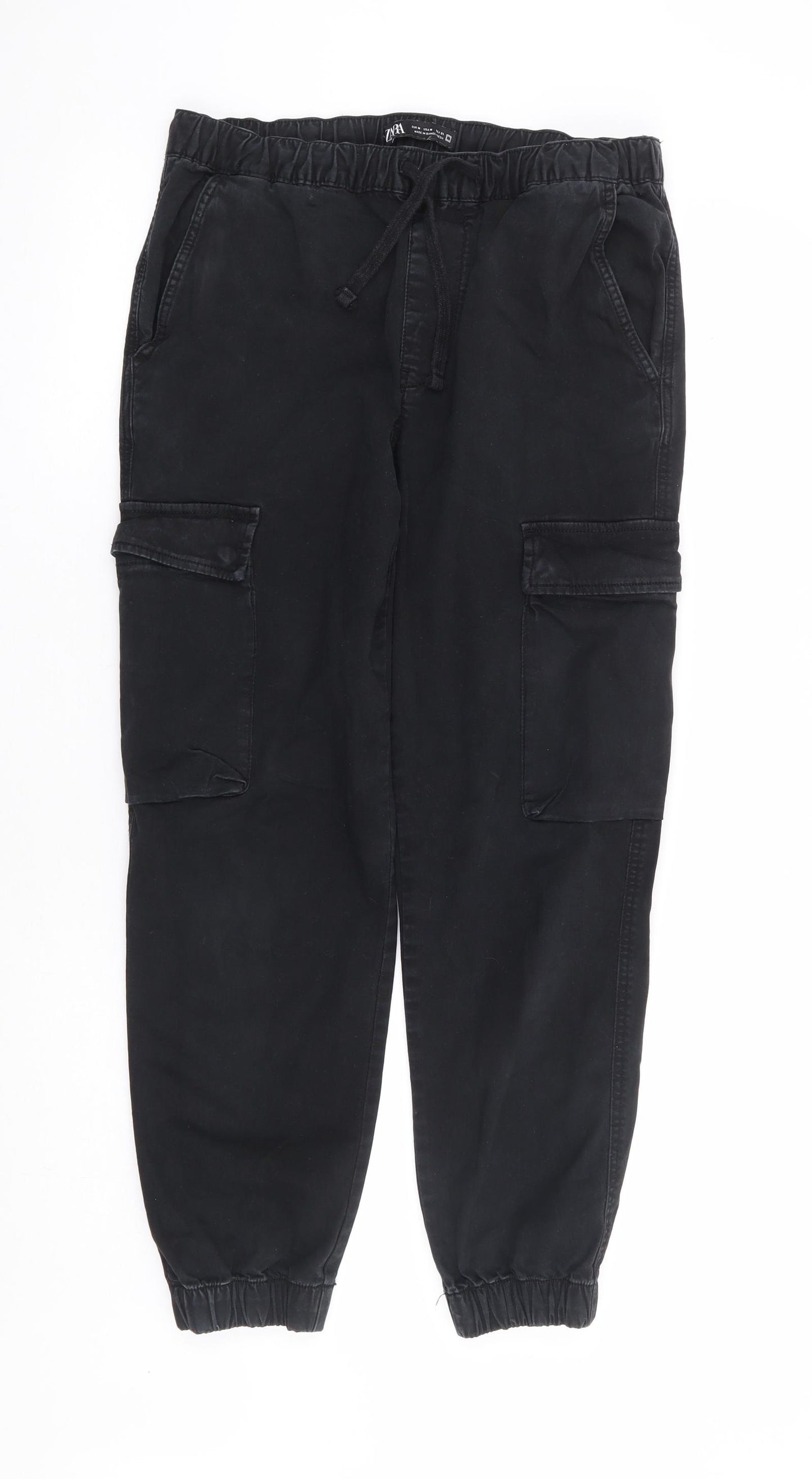 Zara Womens Black Polyester Cargo Trousers Size M L26 in Regular Drawstring