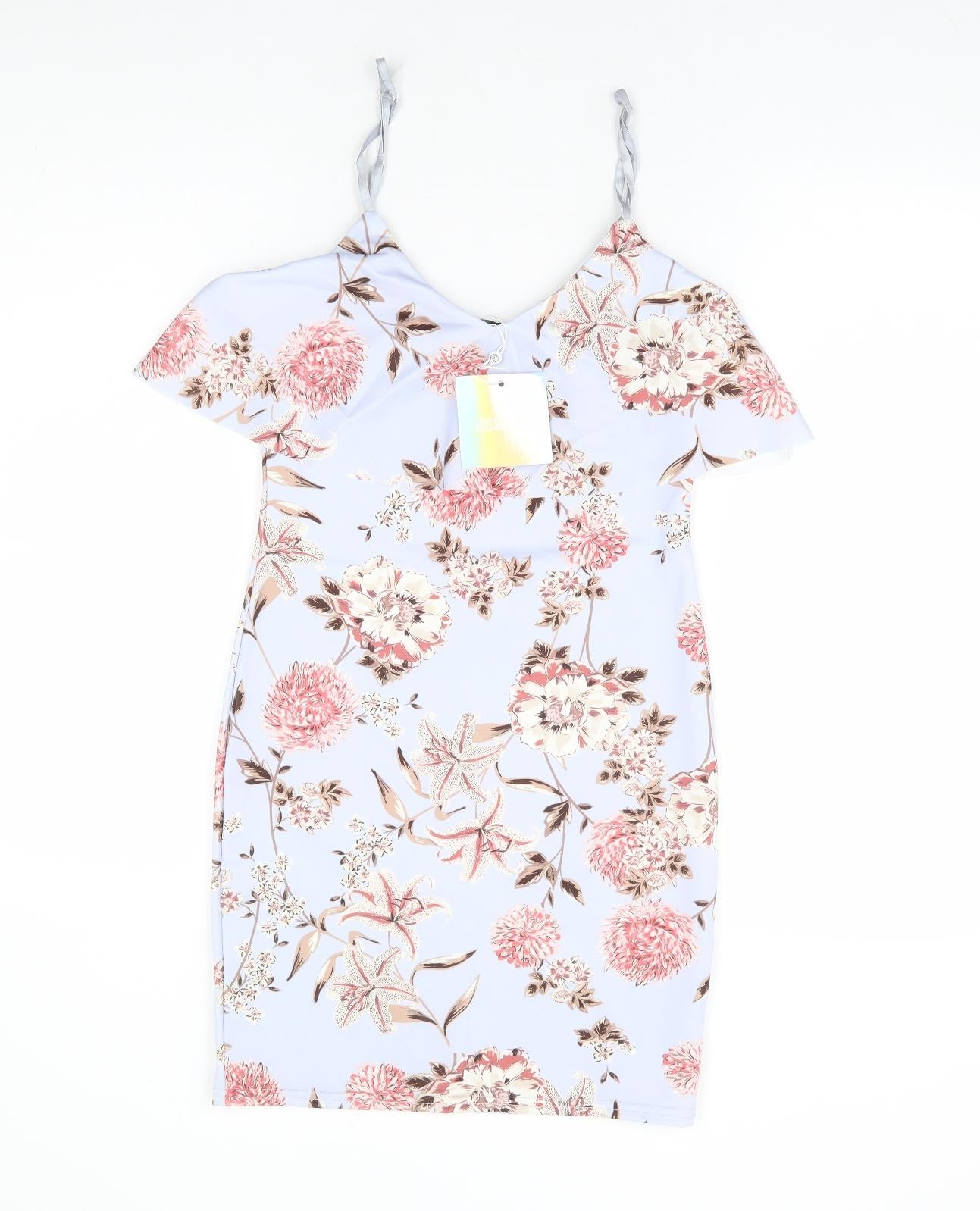 Missguided Womens Blue Floral Polyester Bodycon Size 8 Off the Shoulder Pullover - Cold Shoulder Detail