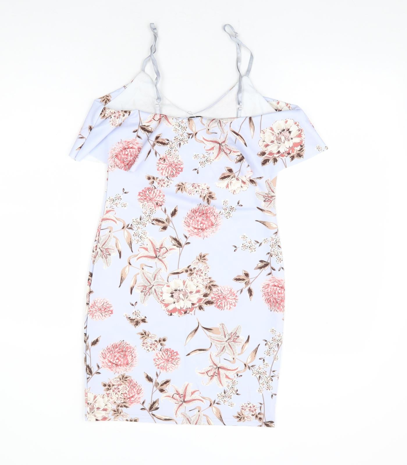 Missguided Womens Blue Floral Polyester Bodycon Size 8 Off the Shoulder Pullover - Cold Shoulder Detail