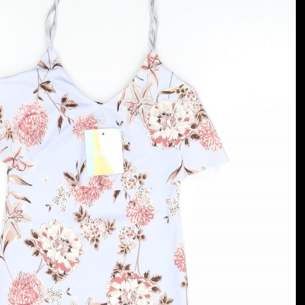 Missguided Womens Blue Floral Polyester Bodycon Size 8 Off the Shoulder Pullover - Cold Shoulder Detail