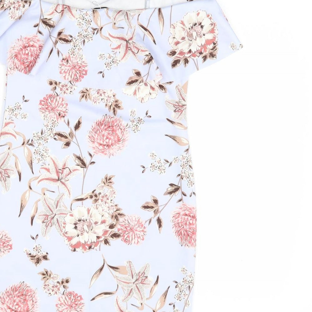 Missguided Womens Blue Floral Polyester Bodycon Size 8 Off the Shoulder Pullover - Cold Shoulder Detail