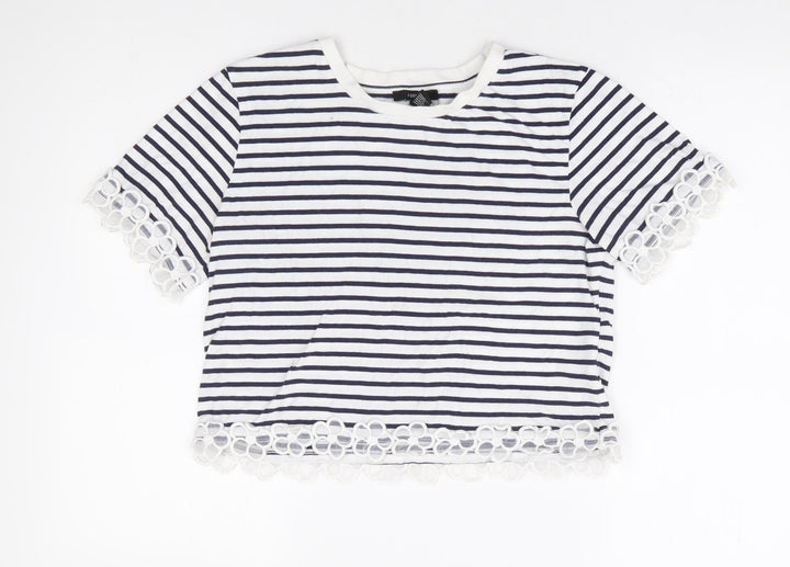 FOREVER 21 Womens Blue Striped 100% Cotton Cropped T-Shirt Size S Round Neck - Floral Embroidery Trim