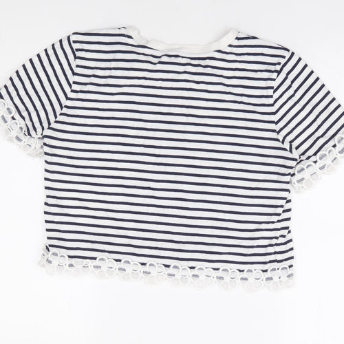FOREVER 21 Womens Blue Striped 100% Cotton Cropped T-Shirt Size S Round Neck - Floral Embroidery Trim
