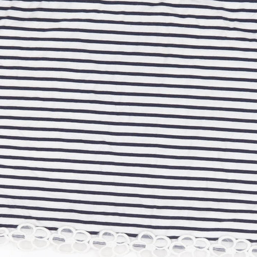 FOREVER 21 Womens Blue Striped 100% Cotton Cropped T-Shirt Size S Round Neck - Floral Embroidery Trim
