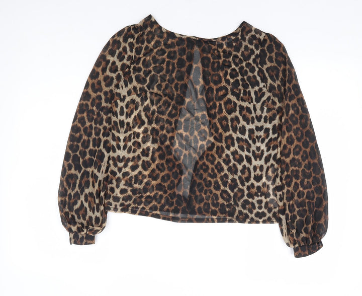 New Look Womens Brown Animal Print Polyester Basic Blouse Size 8 Round Neck