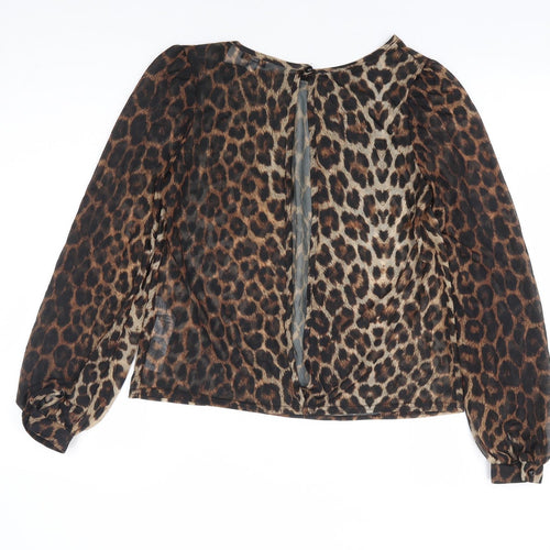 New Look Womens Brown Animal Print Polyester Basic Blouse Size 8 Round Neck