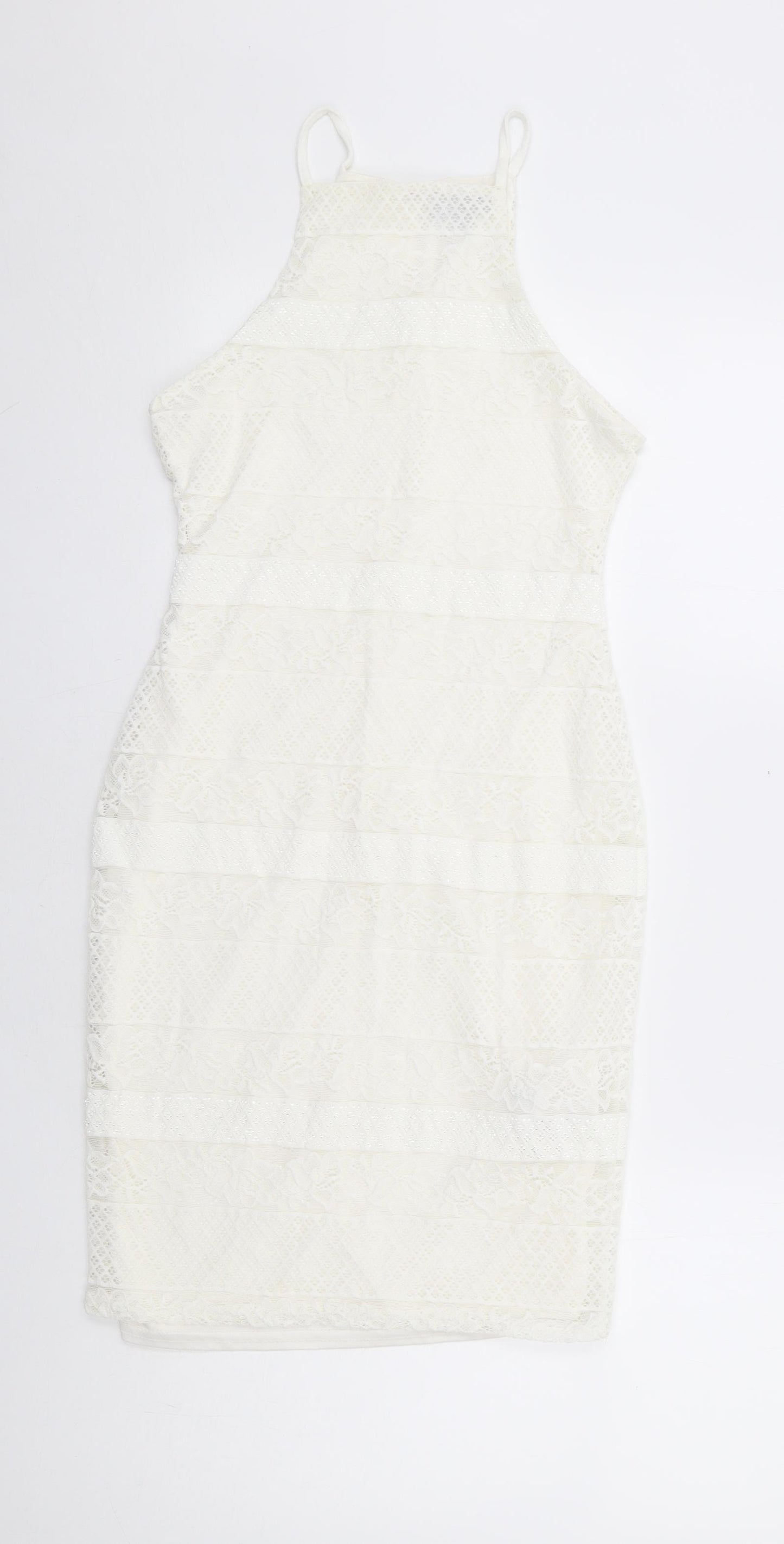 New Look Womens White Floral Nylon Bodycon Size 8 Square Neck Button