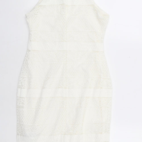 New Look Womens White Floral Nylon Bodycon Size 8 Square Neck Button