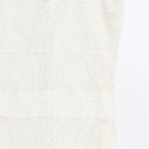 New Look Womens White Floral Nylon Bodycon Size 8 Square Neck Button