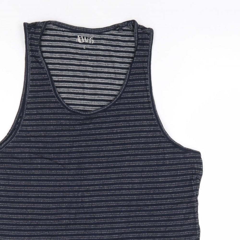 Matalan Mens Blue Striped Cotton T-Shirt Size L Square Neck - Tank