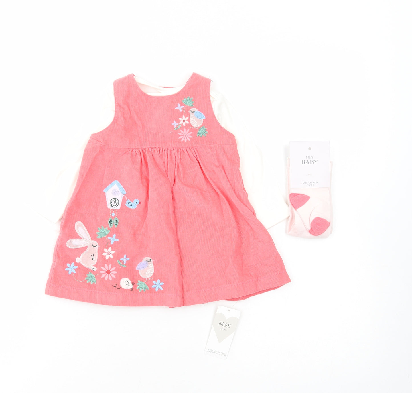 Marks and Spencer Baby Pink Cotton Fit & Flare Size 3-6 Months Round Neck Snap - Rabbit, Bird