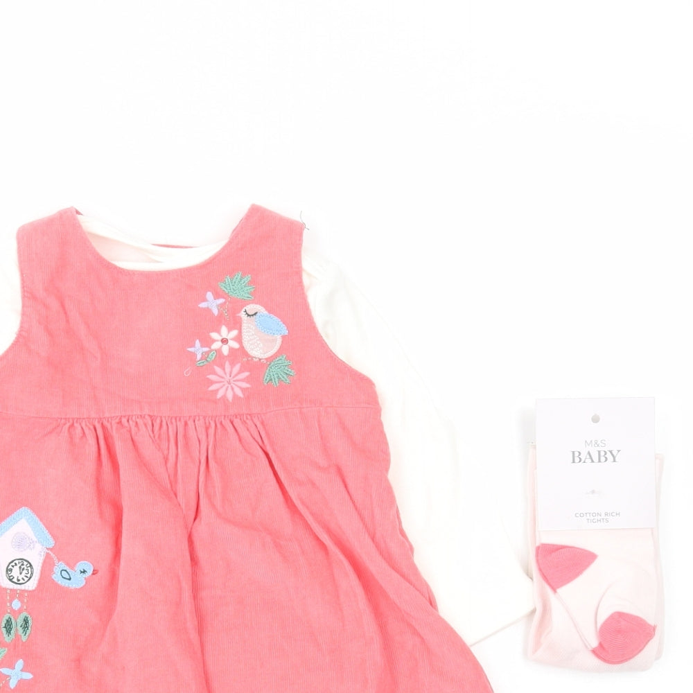 Marks and Spencer Baby Pink Cotton Fit & Flare Size 3-6 Months Round Neck Snap - Rabbit, Bird