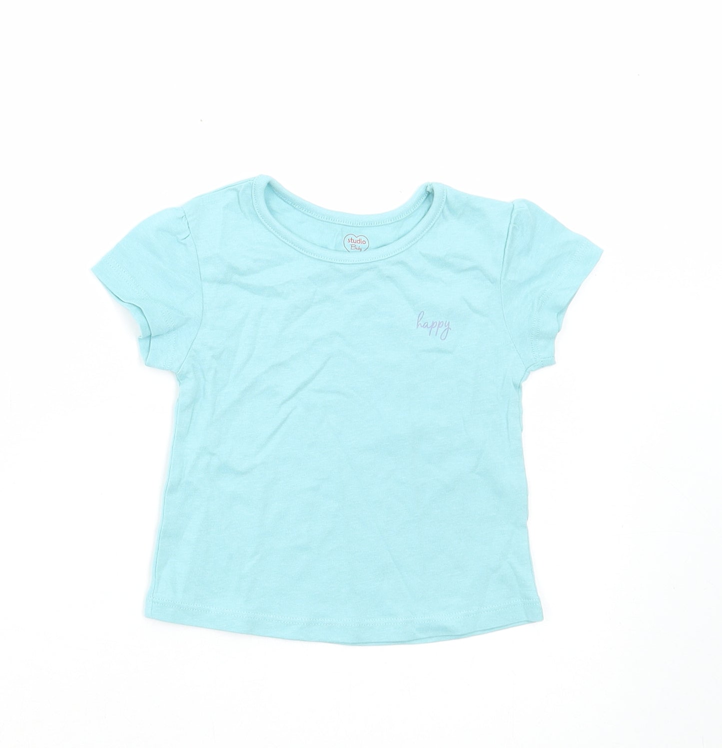 Studio Girls Blue Cotton Basic T-Shirt Size 6-9 Months Round Neck Pullover - Happy