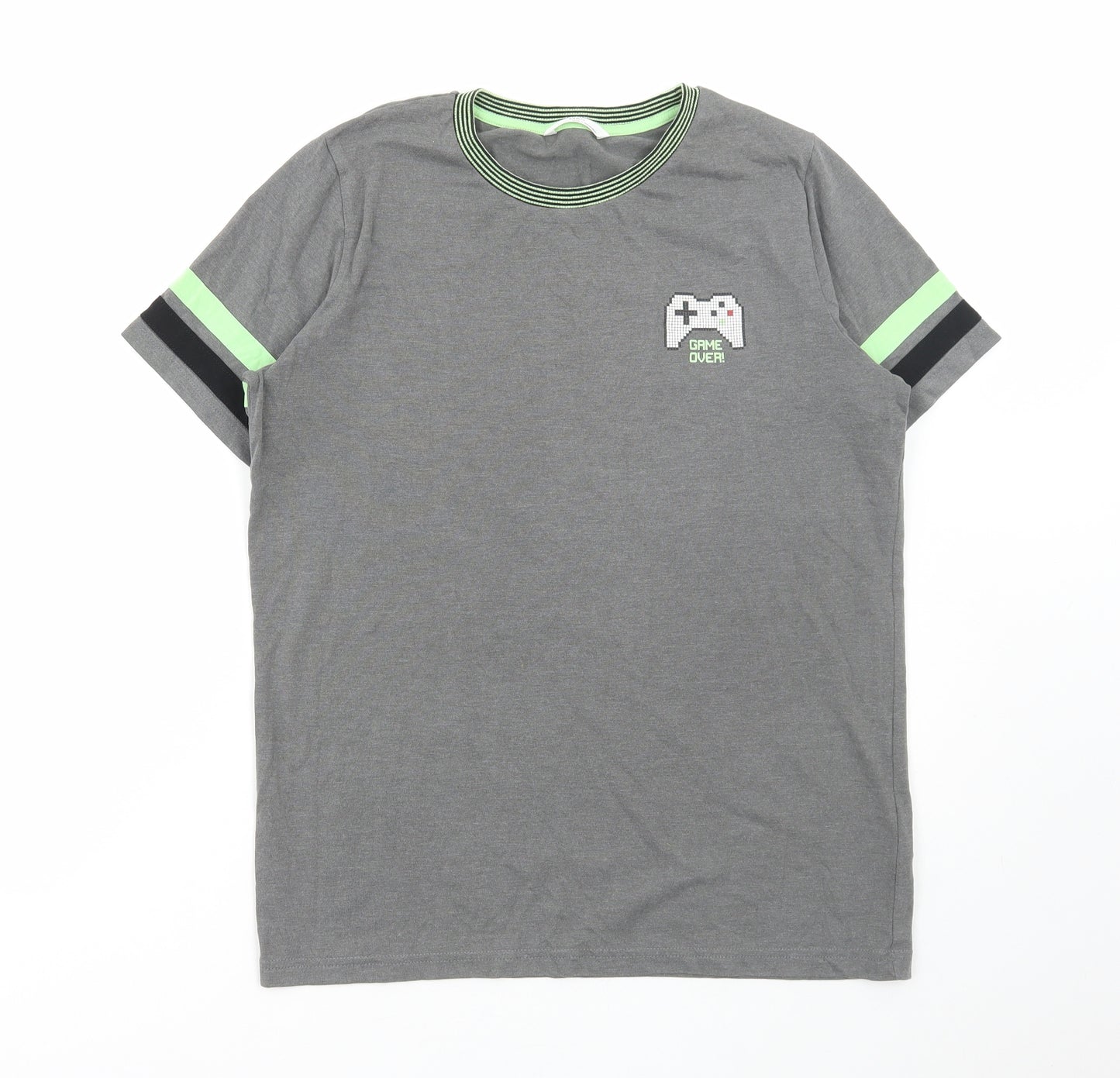 Marks and Spencer Boys Grey Cotton Basic T-Shirt Size 13-14 Years Round Neck Pullover - Game Over