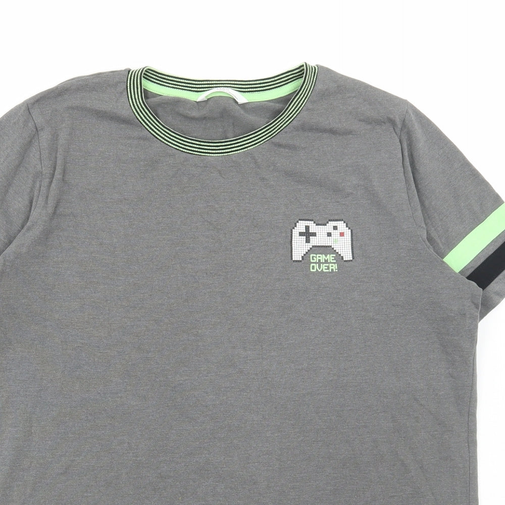 Marks and Spencer Boys Grey Cotton Basic T-Shirt Size 13-14 Years Round Neck Pullover - Game Over