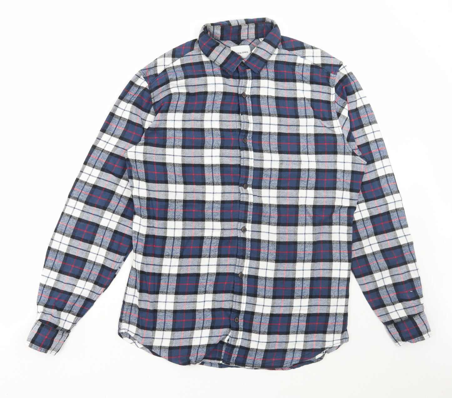 JACK & JONES Mens Blue Plaid Cotton Button-Up Size M Collared Button