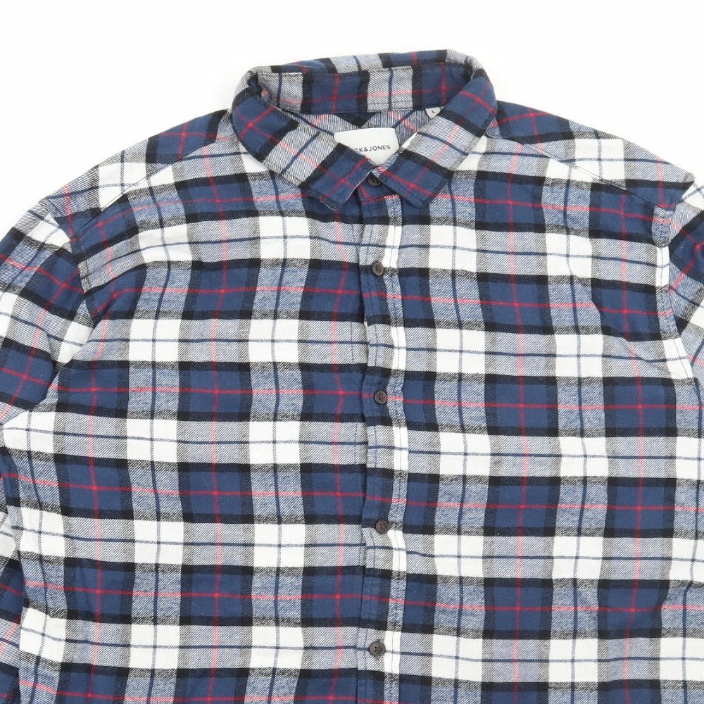 JACK & JONES Mens Blue Plaid Cotton Button-Up Size M Collared Button