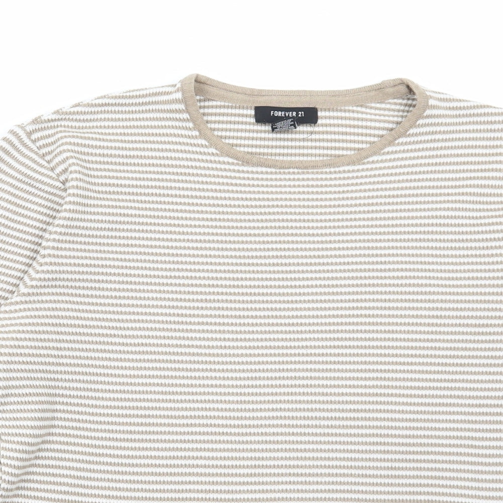 FOREVER 21 Mens Beige Round Neck Striped Acrylic Pullover Jumper Size M