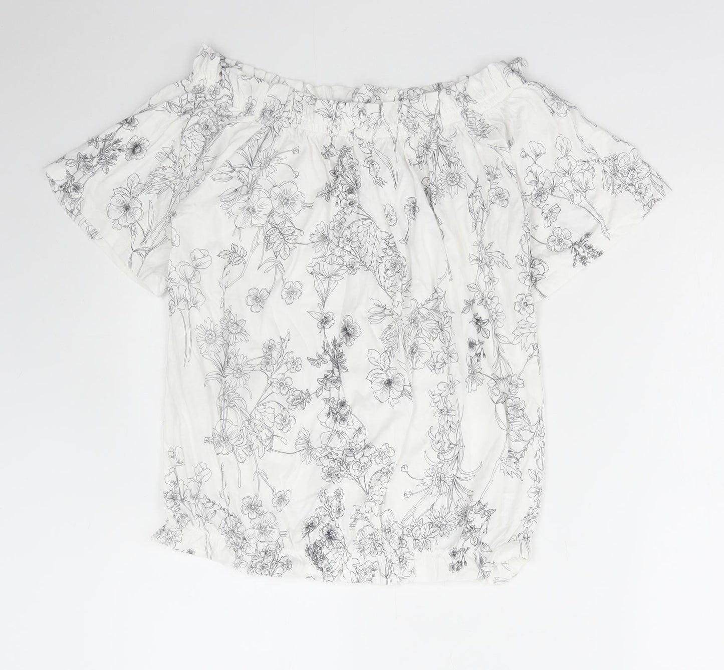 NEXT Womens White Floral Cotton Basic Blouse Size 12 Off the Shoulder