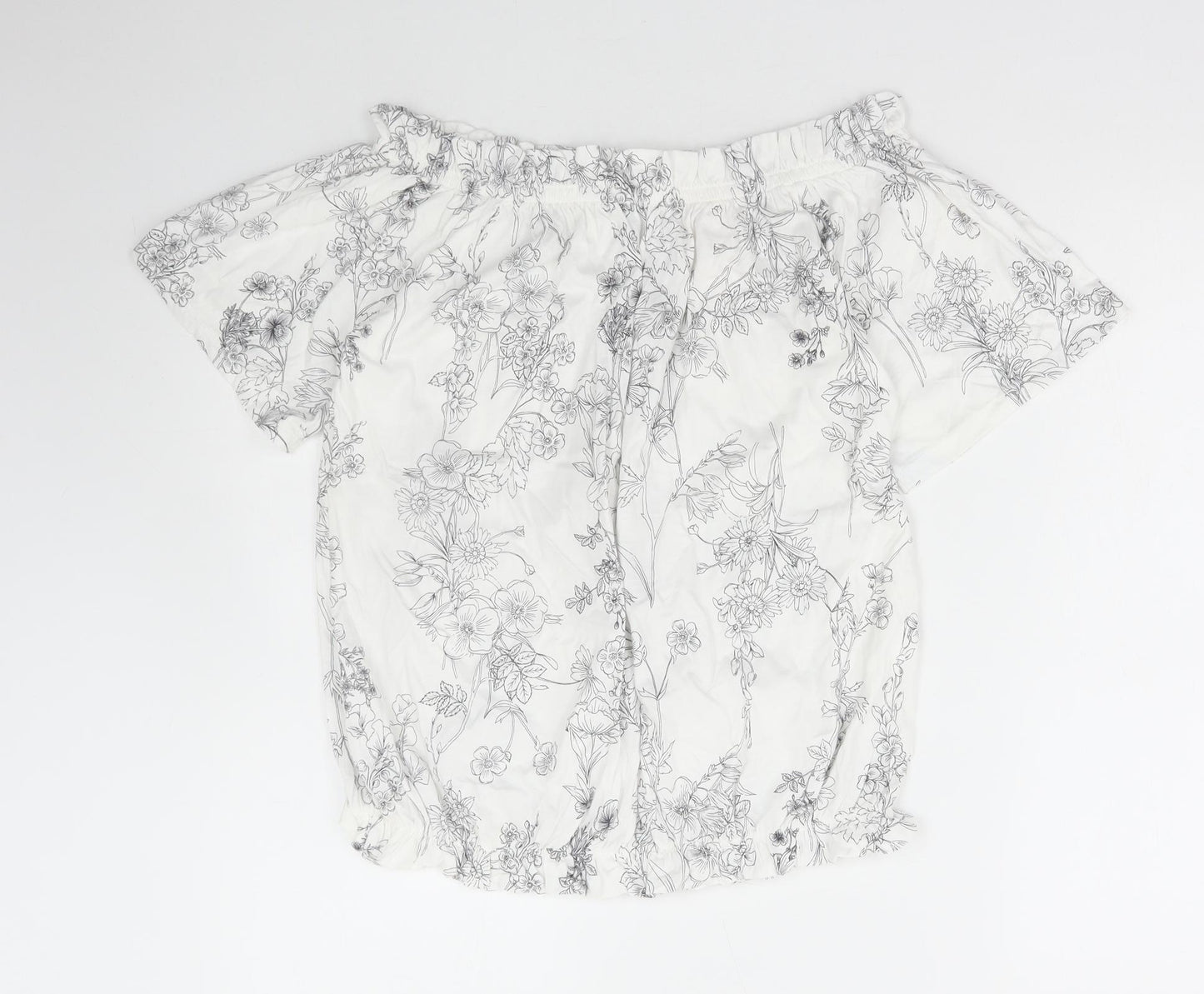 NEXT Womens White Floral Cotton Basic Blouse Size 12 Off the Shoulder