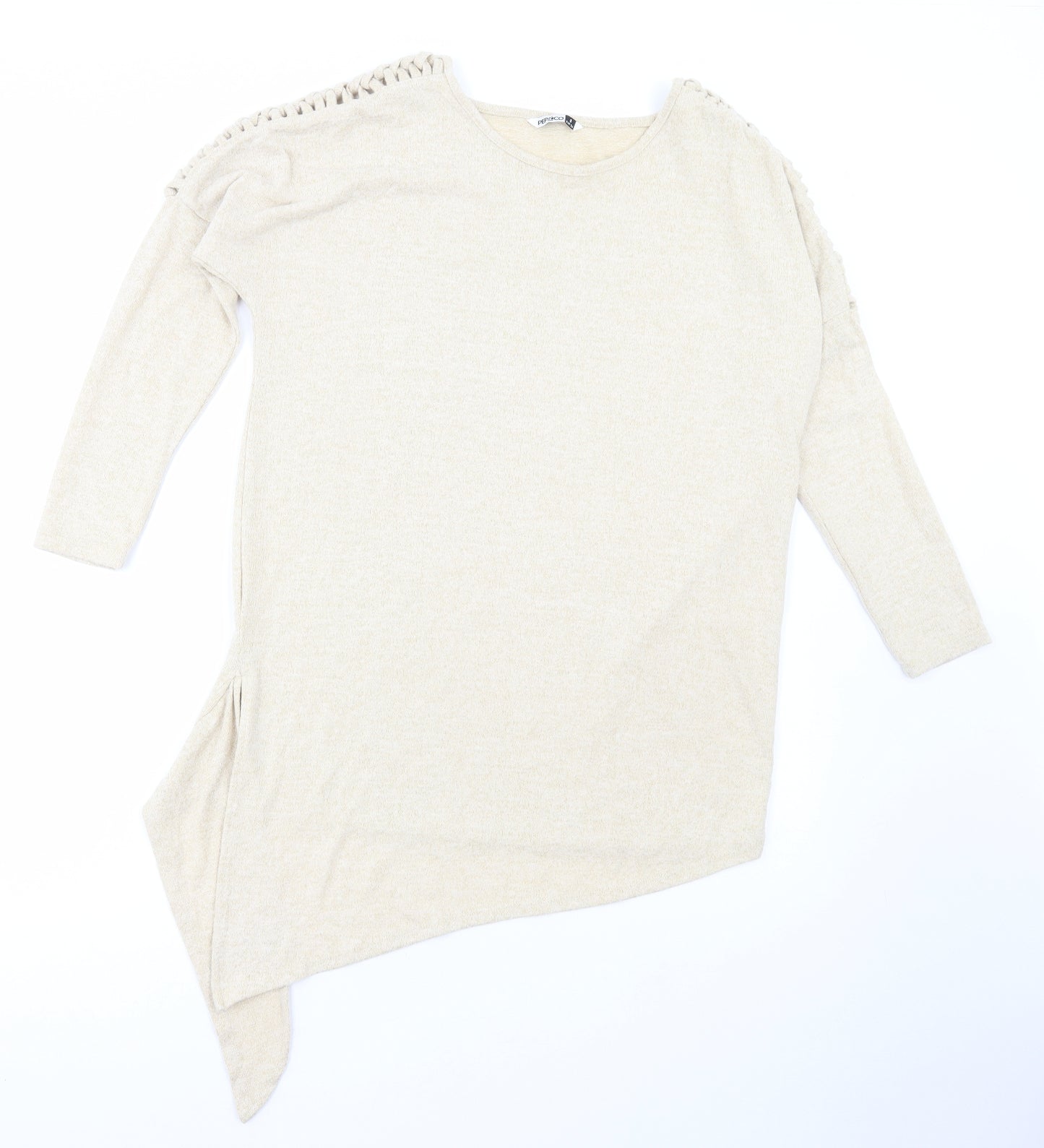 PEP&CO Womens Beige Polyester Basic T-Shirt Size 8 Round Neck - Asymmetric