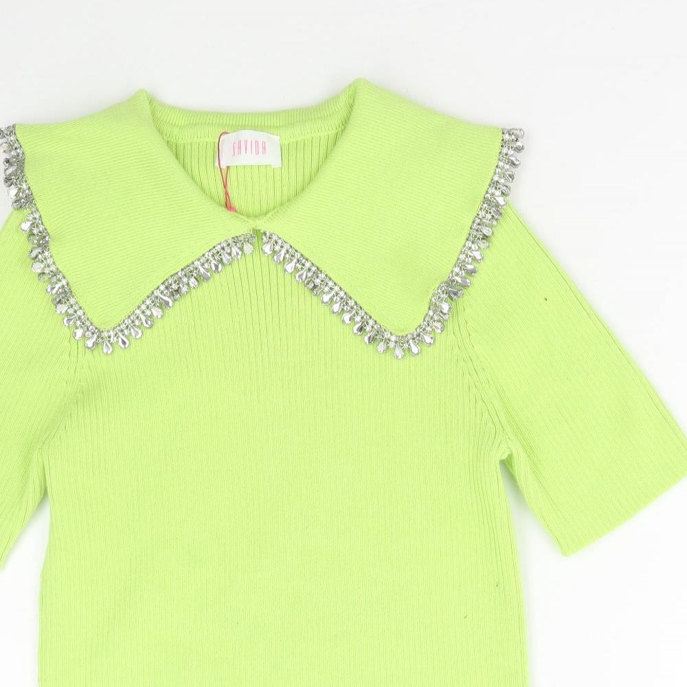 Savida Womens Green V-Neck Polyester Pullover Jumper Size L