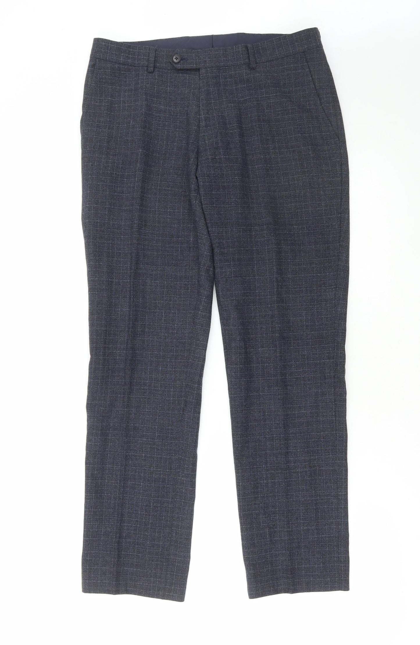 Charles Tyrwhitt Mens Grey Check Wool Trousers Size 32 in L30 in Regular Zip