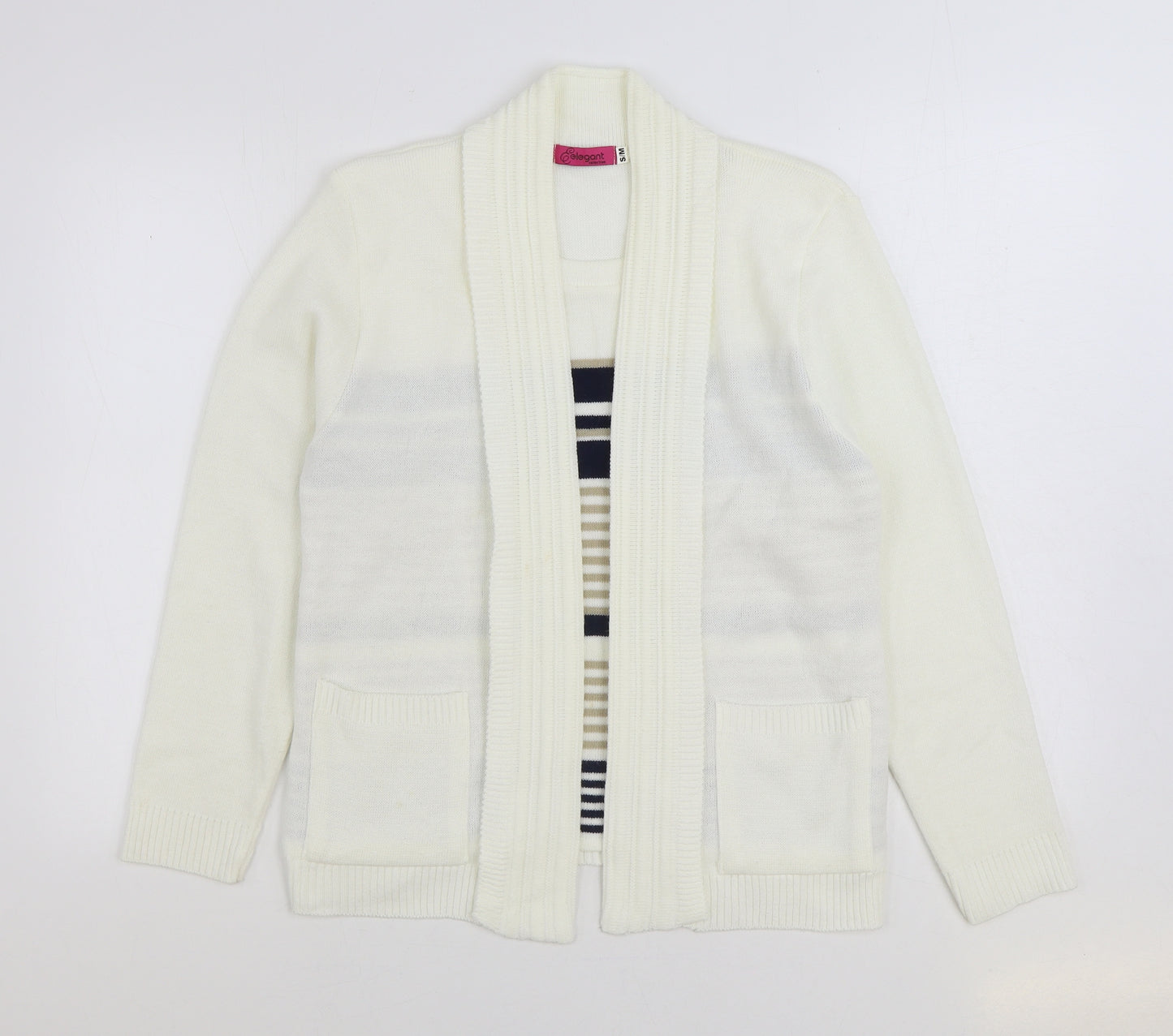 Elegance Womens White Round Neck Striped Acrylic Pullover Jumper Size S