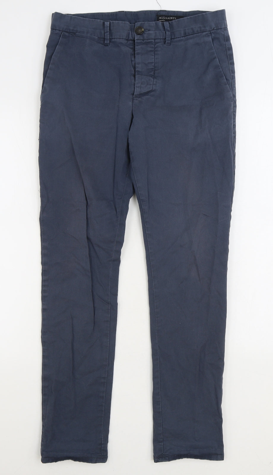 AllSaints Mens Blue Cotton Chino Trousers Size 30 in L29 in Regular Zip