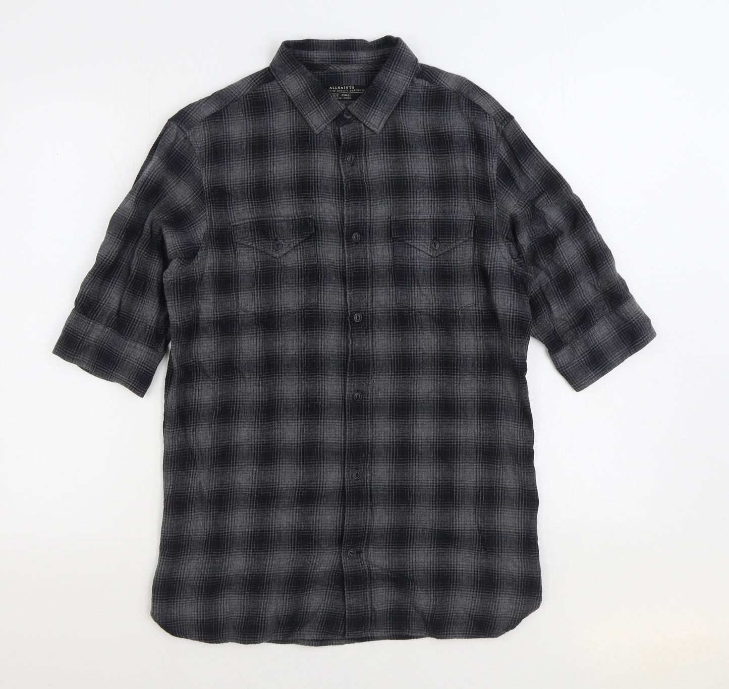 AllSaints Mens Grey Plaid Cotton Button-Up Size S Collared Button