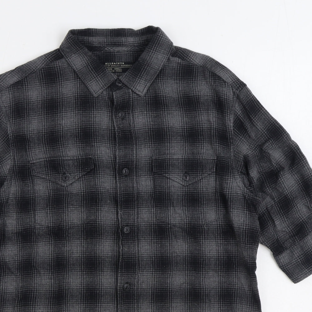 AllSaints Mens Grey Plaid Cotton Button-Up Size S Collared Button