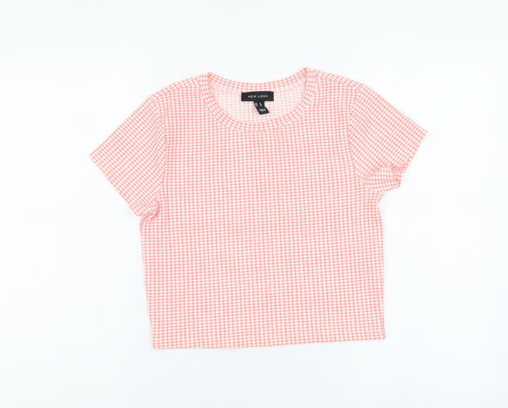 New Look Womens Pink Check Polyester Camisole T-Shirt Size 8 Round Neck