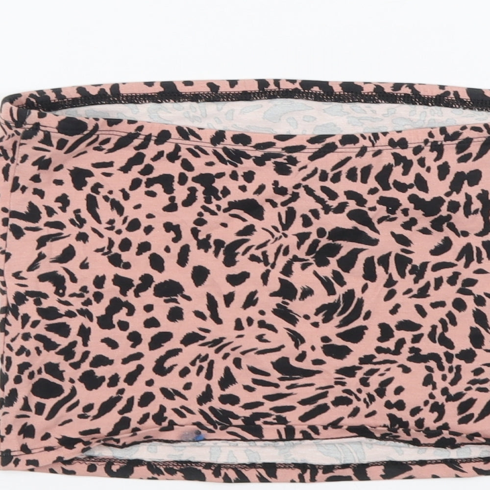 New Look Womens Pink Animal Print Cotton Cropped T-Shirt Size S Off the Shoulder - Leopard print