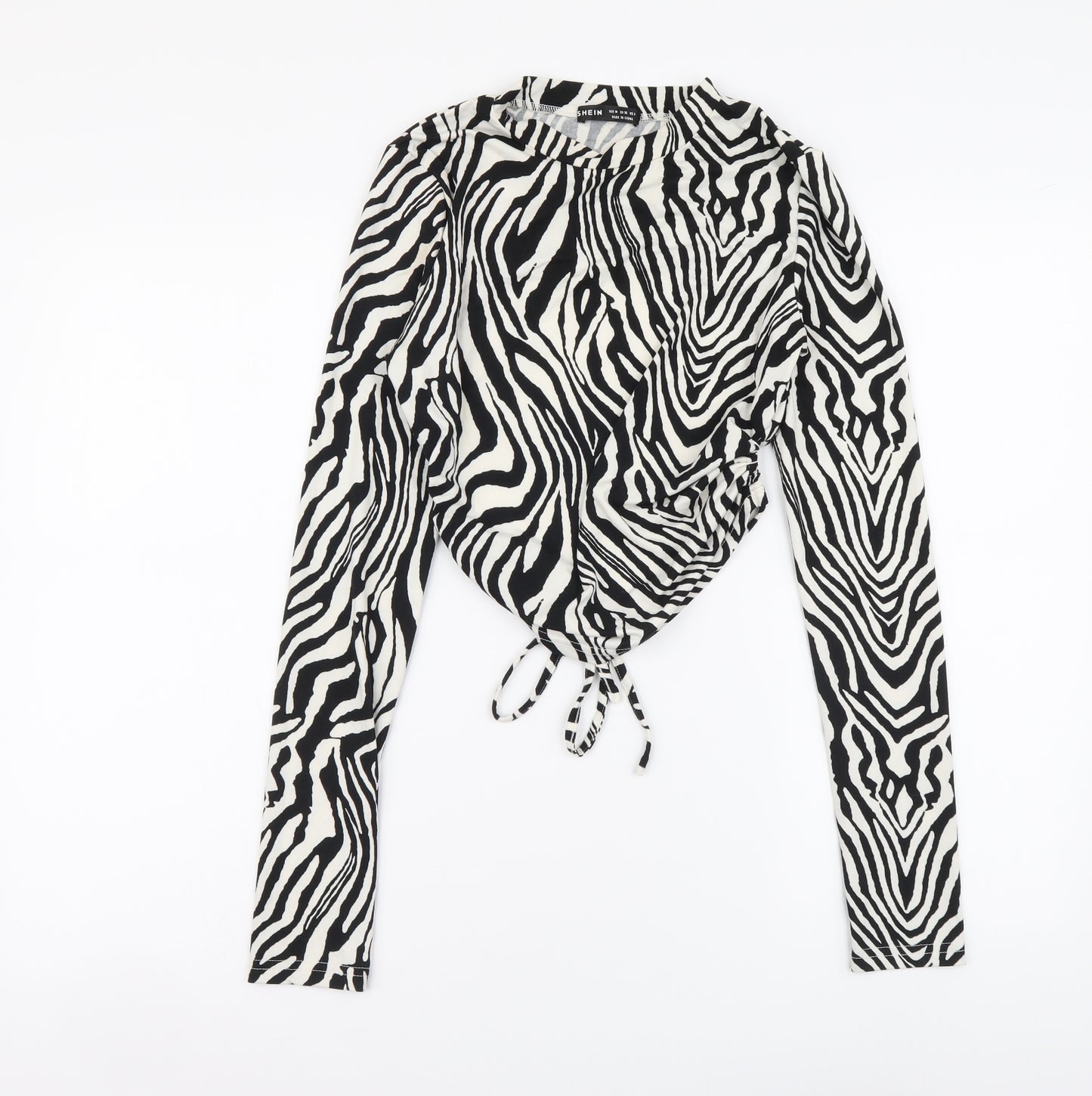 SheIn Womens Black Animal Print Polyester Cropped Blouse Size M Round Neck - Zebra pattern