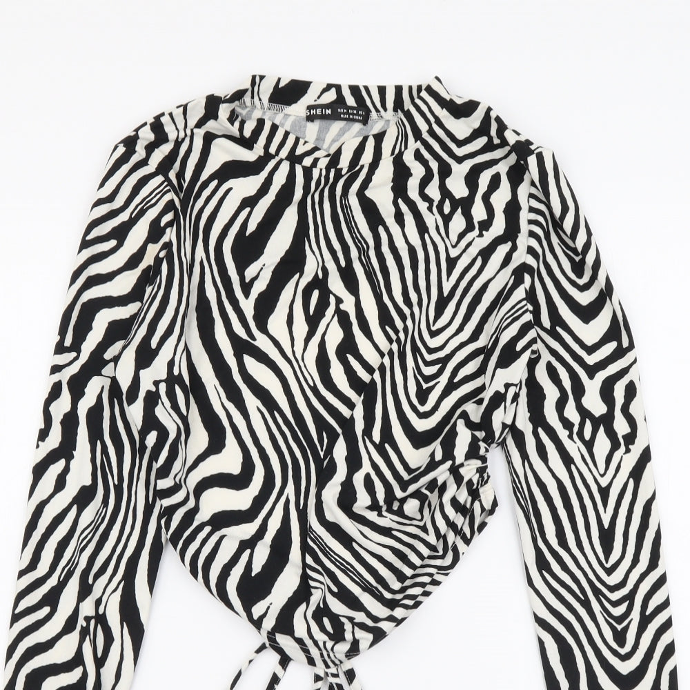 SheIn Womens Black Animal Print Polyester Cropped Blouse Size M Round Neck - Zebra pattern