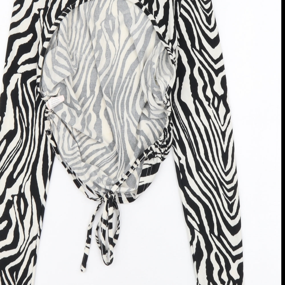 SheIn Womens Black Animal Print Polyester Cropped Blouse Size M Round Neck - Zebra pattern