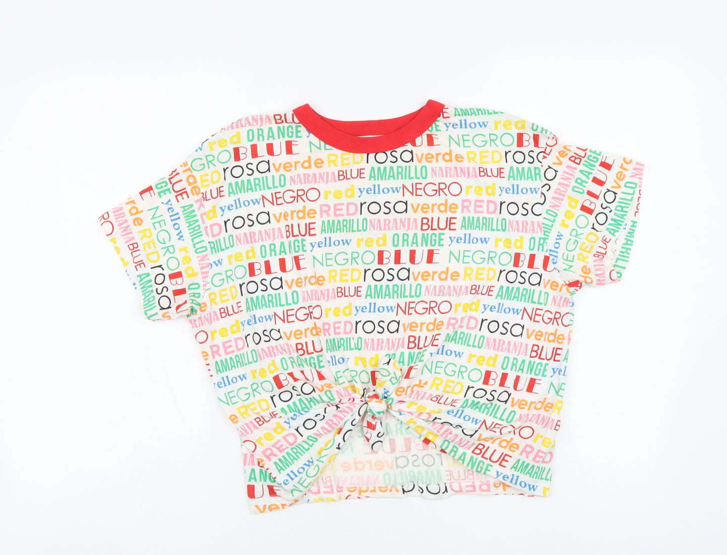 Bershka Womens Multicoloured Geometric Cotton Basic T-Shirt Size S Round Neck