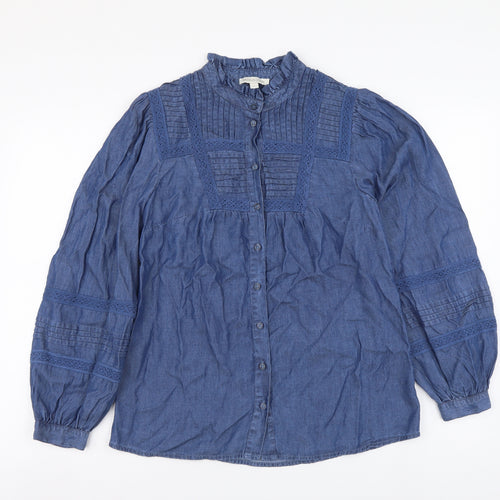 Monsoon Womens Blue Lyocell Basic Button-Up Size S High Neck