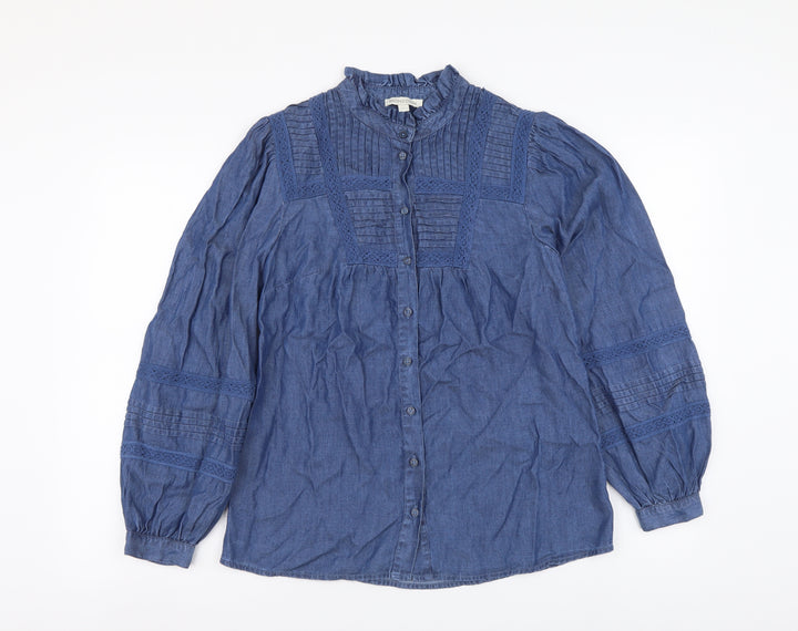 Monsoon Womens Blue Lyocell Basic Button-Up Size S High Neck