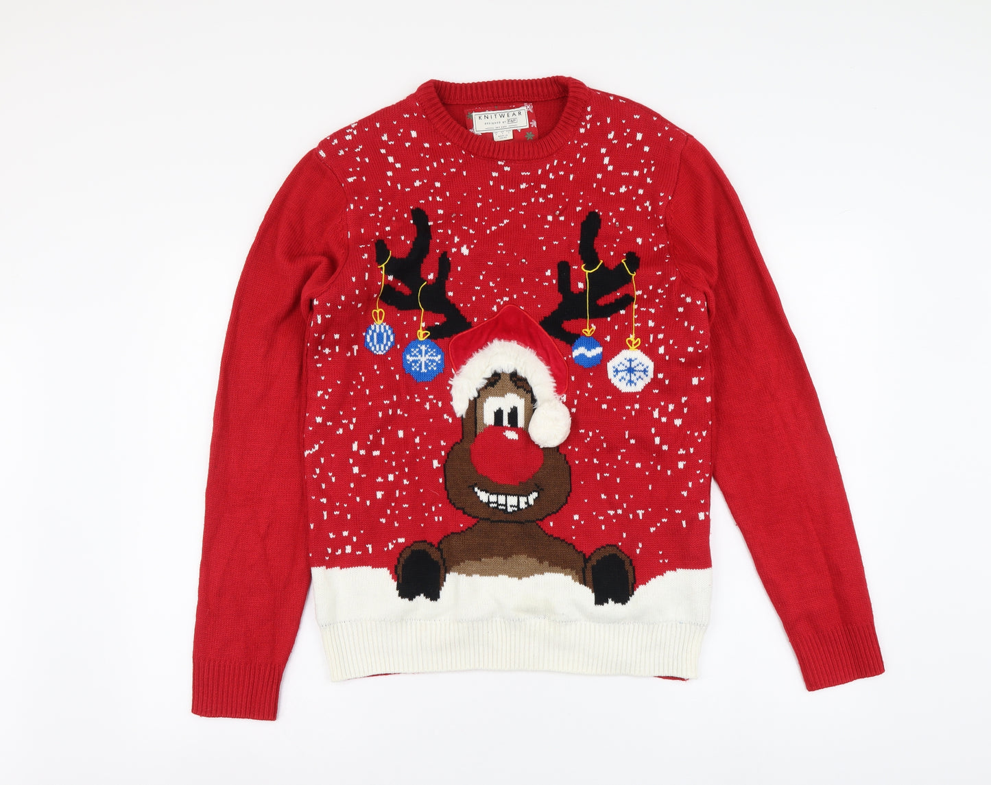 F&F Mens Red Round Neck Acrylic Pullover Jumper Size S - Reindeer Christmas