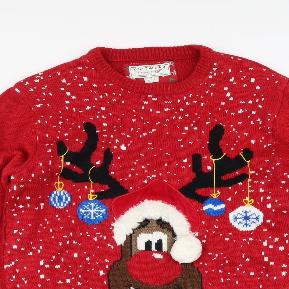 F&F Mens Red Round Neck Acrylic Pullover Jumper Size S - Reindeer Christmas