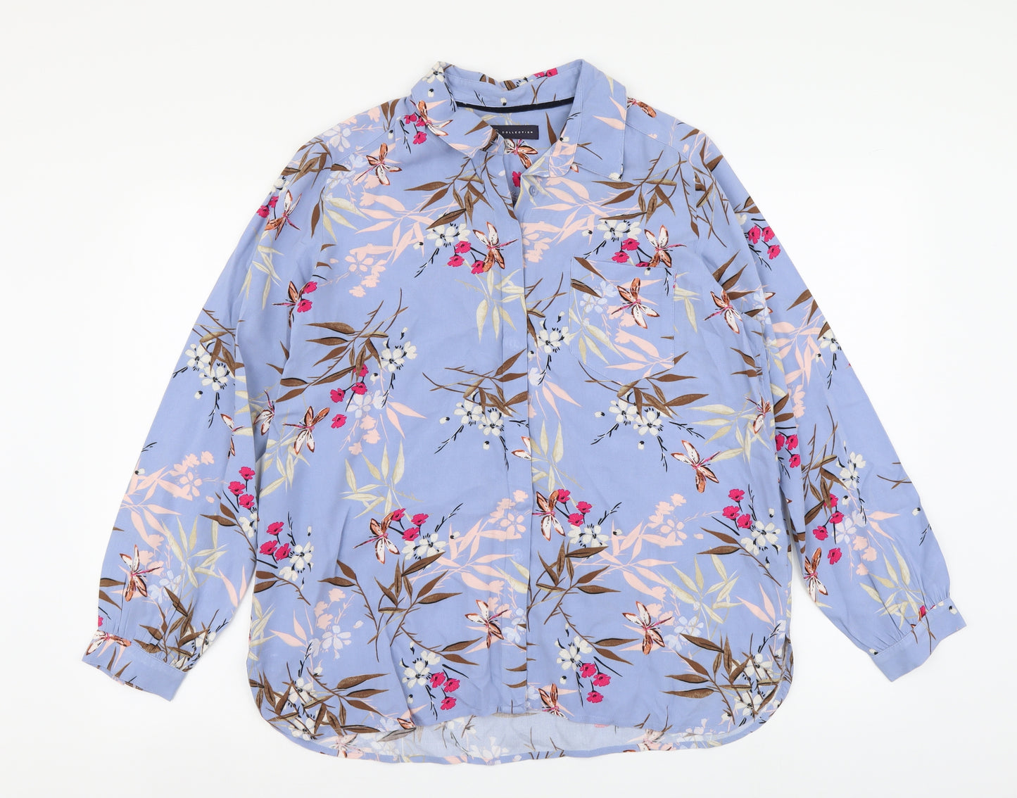 Marks and Spencer Womens Blue Floral Viscose Basic Button-Up Size 14 Collared