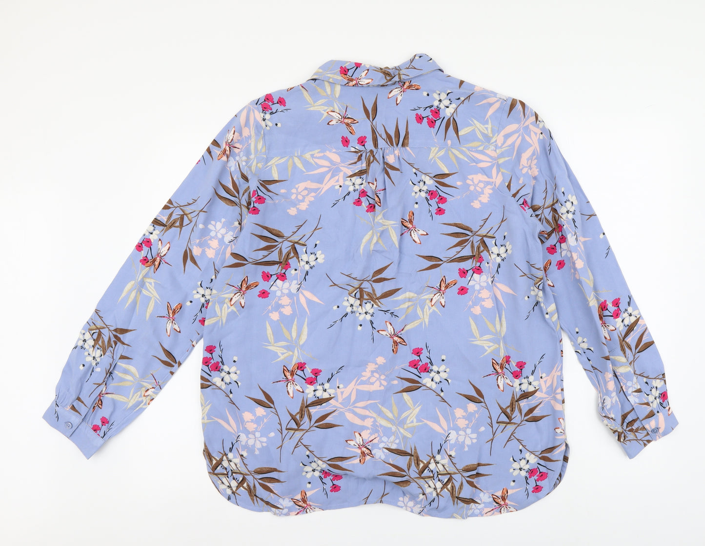 Marks and Spencer Womens Blue Floral Viscose Basic Button-Up Size 14 Collared