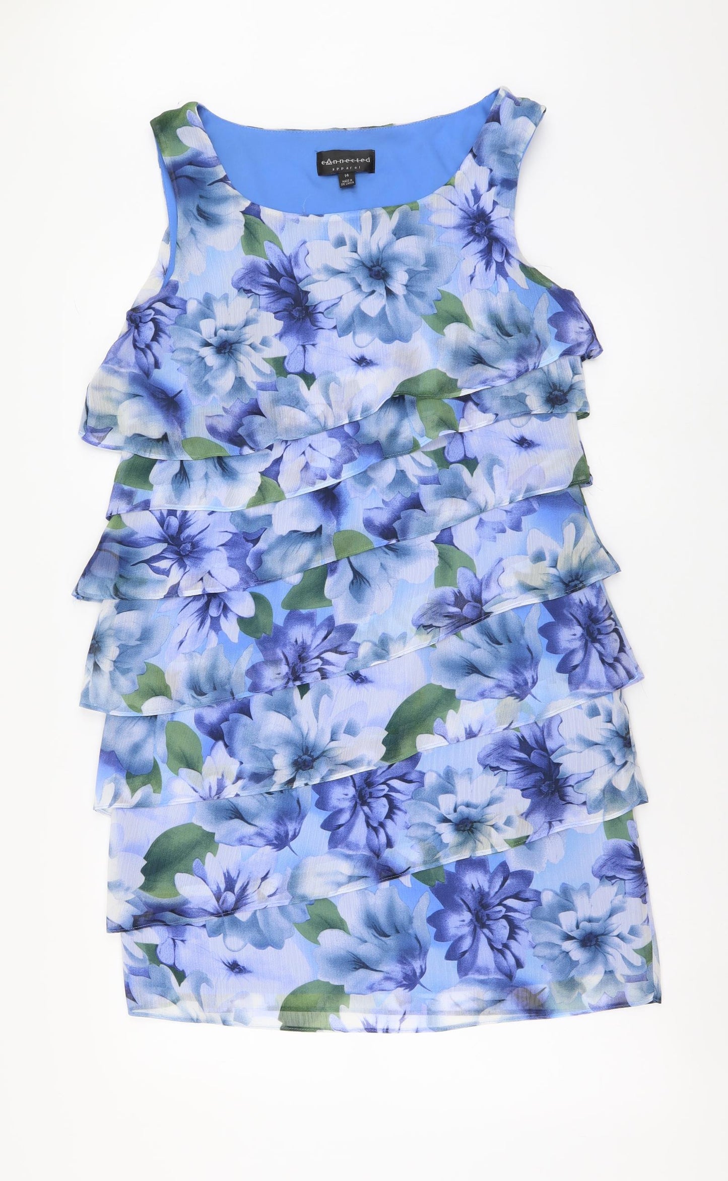 Connected Womens Blue Floral Polyester A-Line Size 14 Round Neck Zip