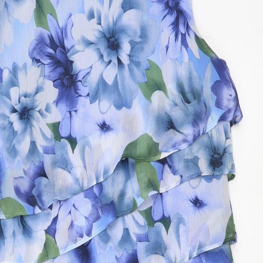 Connected Womens Blue Floral Polyester A-Line Size 14 Round Neck Zip