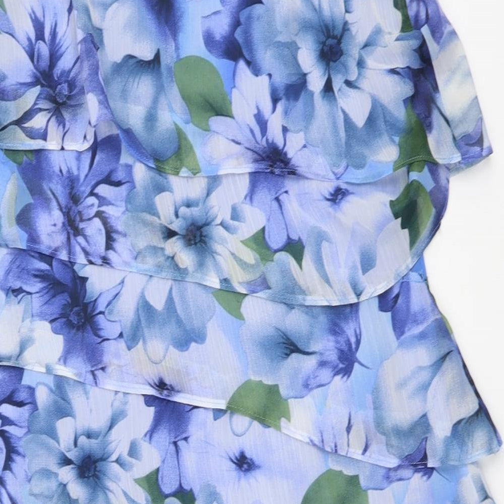 Connected Womens Blue Floral Polyester A-Line Size 14 Round Neck Zip