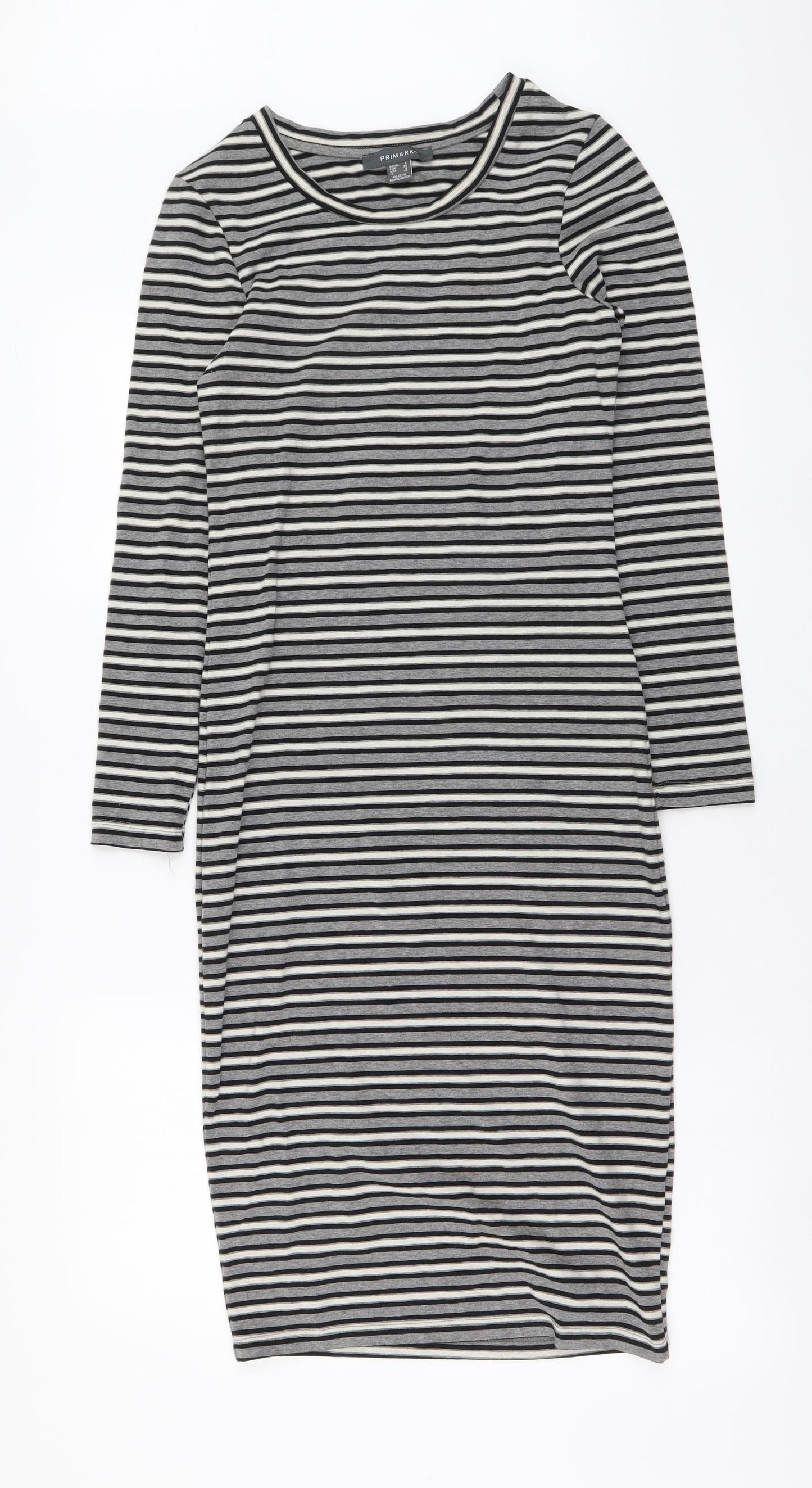 Primark Womens Grey Striped Cotton T-Shirt Dress Size 8 Round Neck Pullover