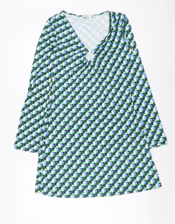Stradivarius Womens Multicoloured Geometric Polyester A-Line Size M V-Neck Pullover