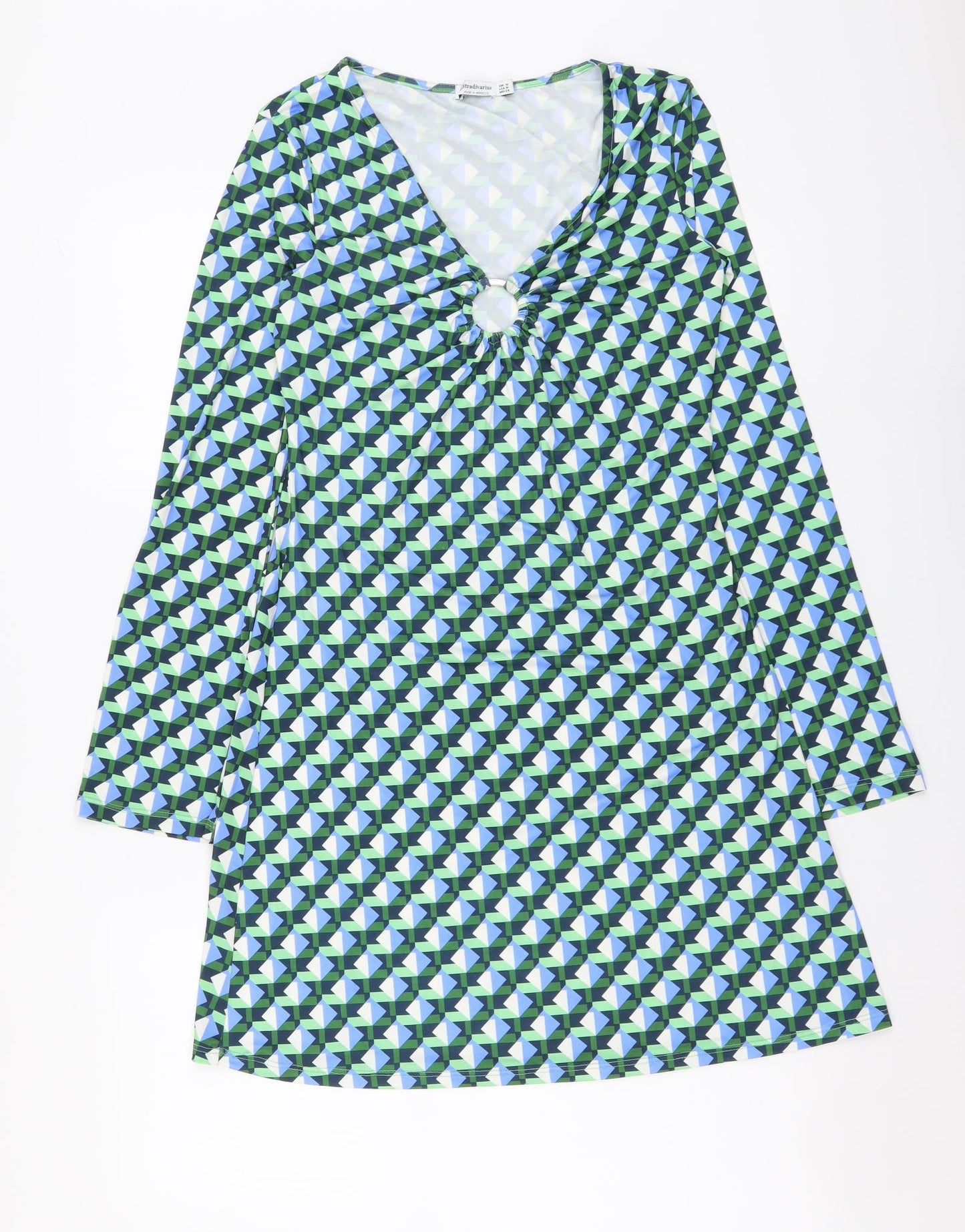 Stradivarius Womens Multicoloured Geometric Polyester A-Line Size M V-Neck Pullover