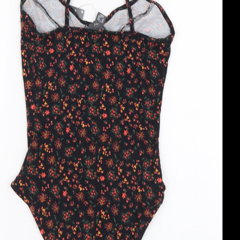 Primark Womens Black Floral Cotton Bodysuit One-Piece Size S Snap